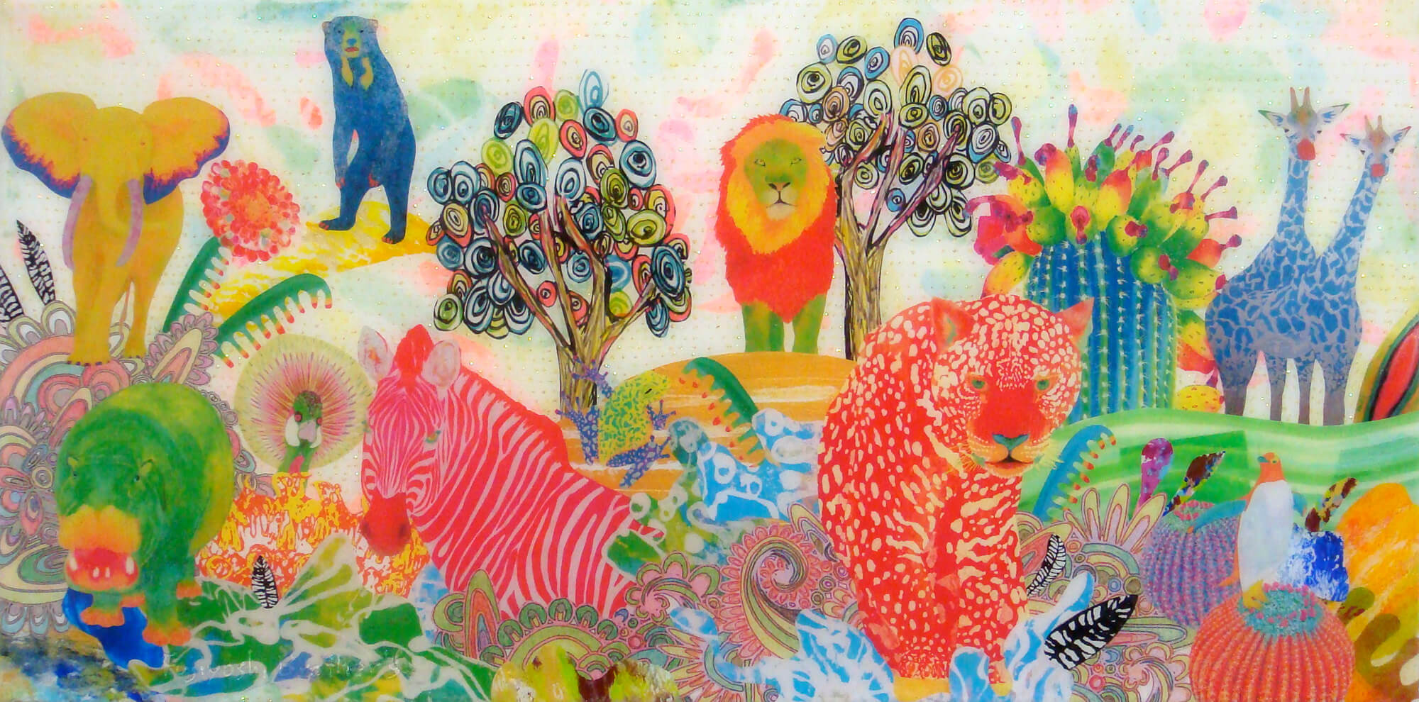 Animal-wonderland-20改行
Acrylic glitter paper and ink on canvas, 300×600mm, 2011