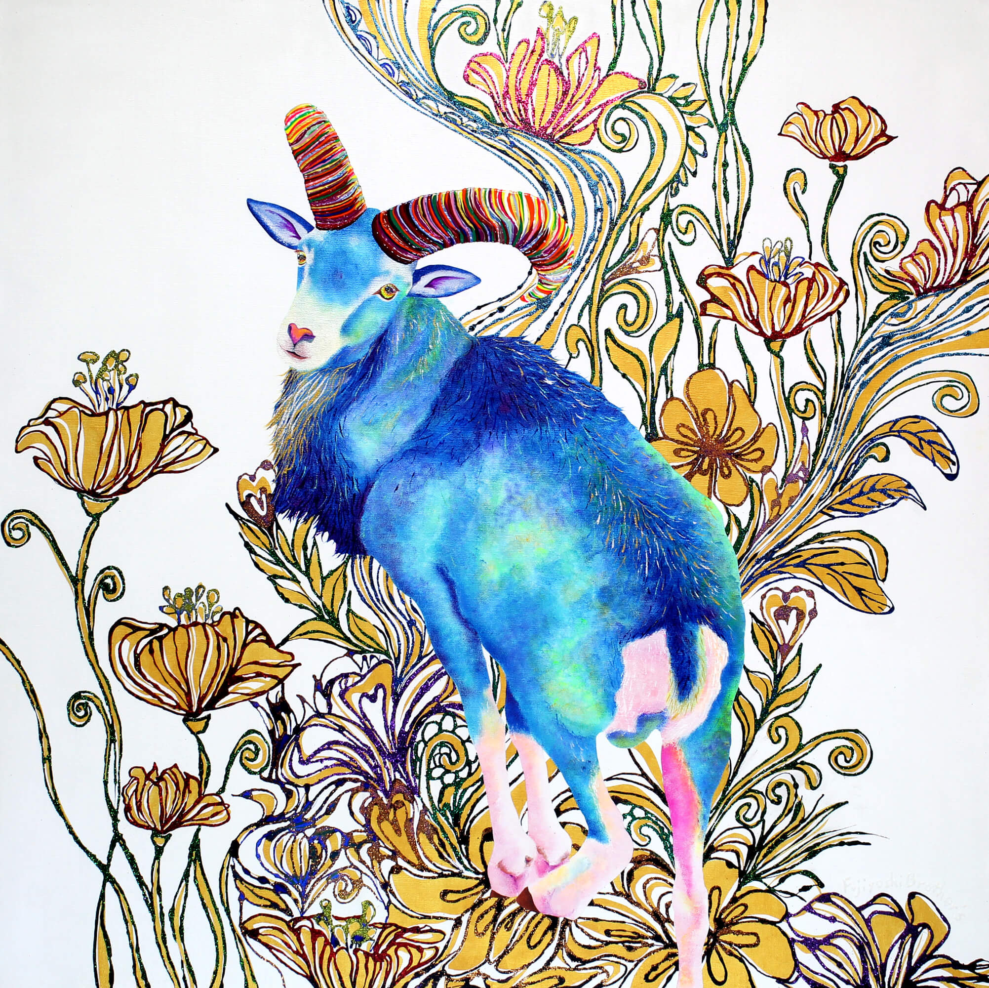 Blue-Mouflon-＆-Gold-Flowers改行
Acrylic glitter and ink on canvas, 910×910mm, 2015