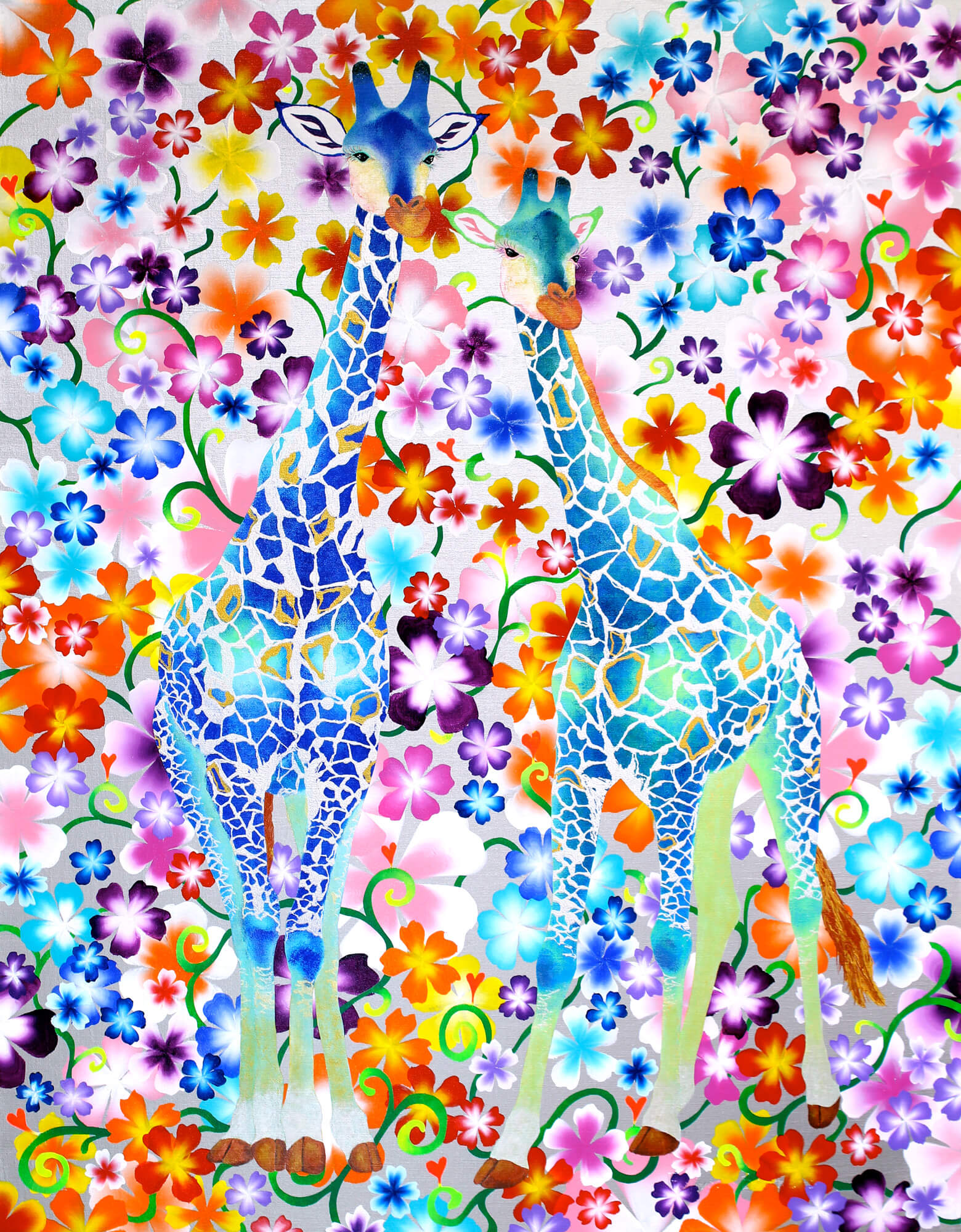 Floral Blue Giraffese改行
Acrylic and glitter on canvas, 1167×910mm, 2013