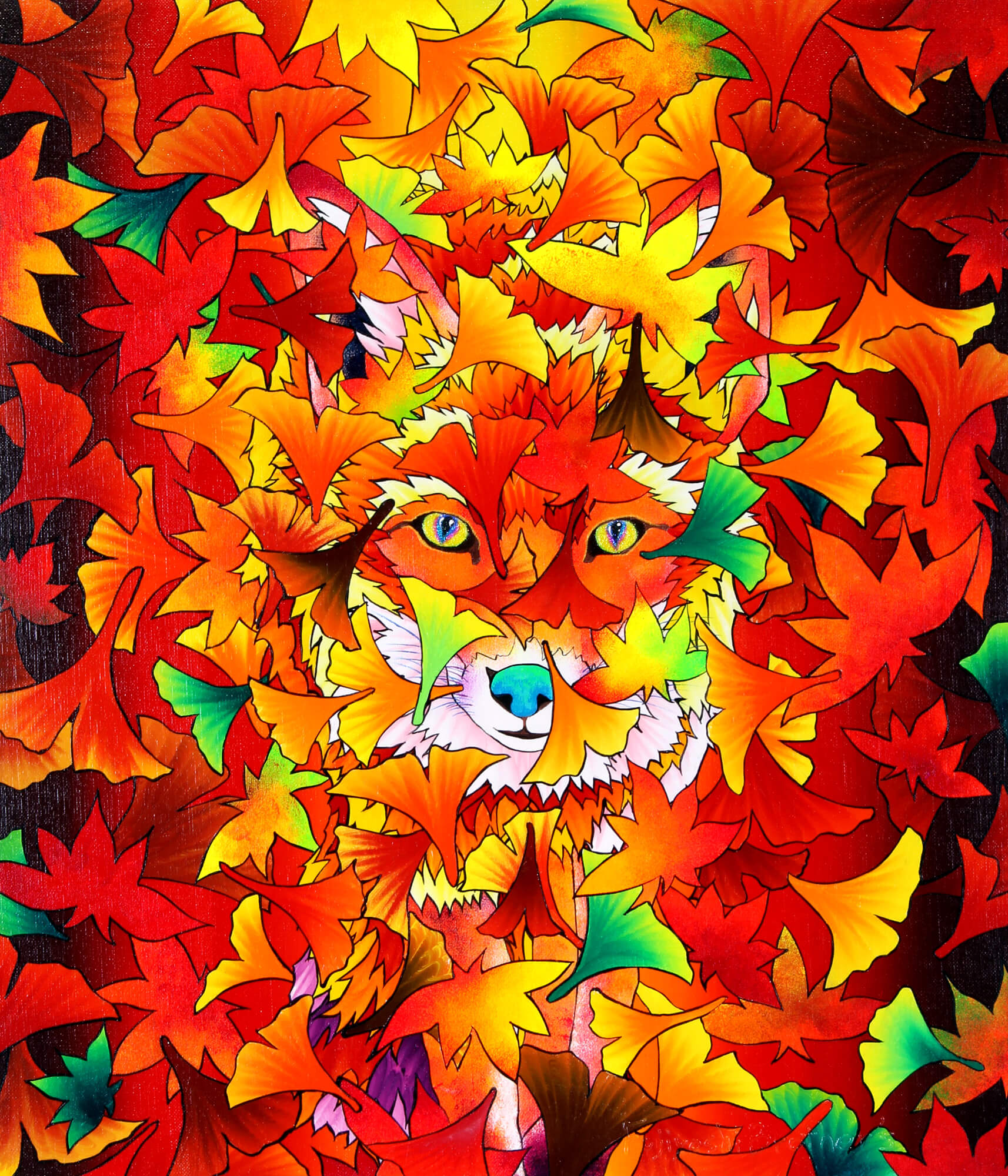 Ginsyu Fox - falling leaves改行
Acrylic,and glitter on canvas, 530×455mm, 2018