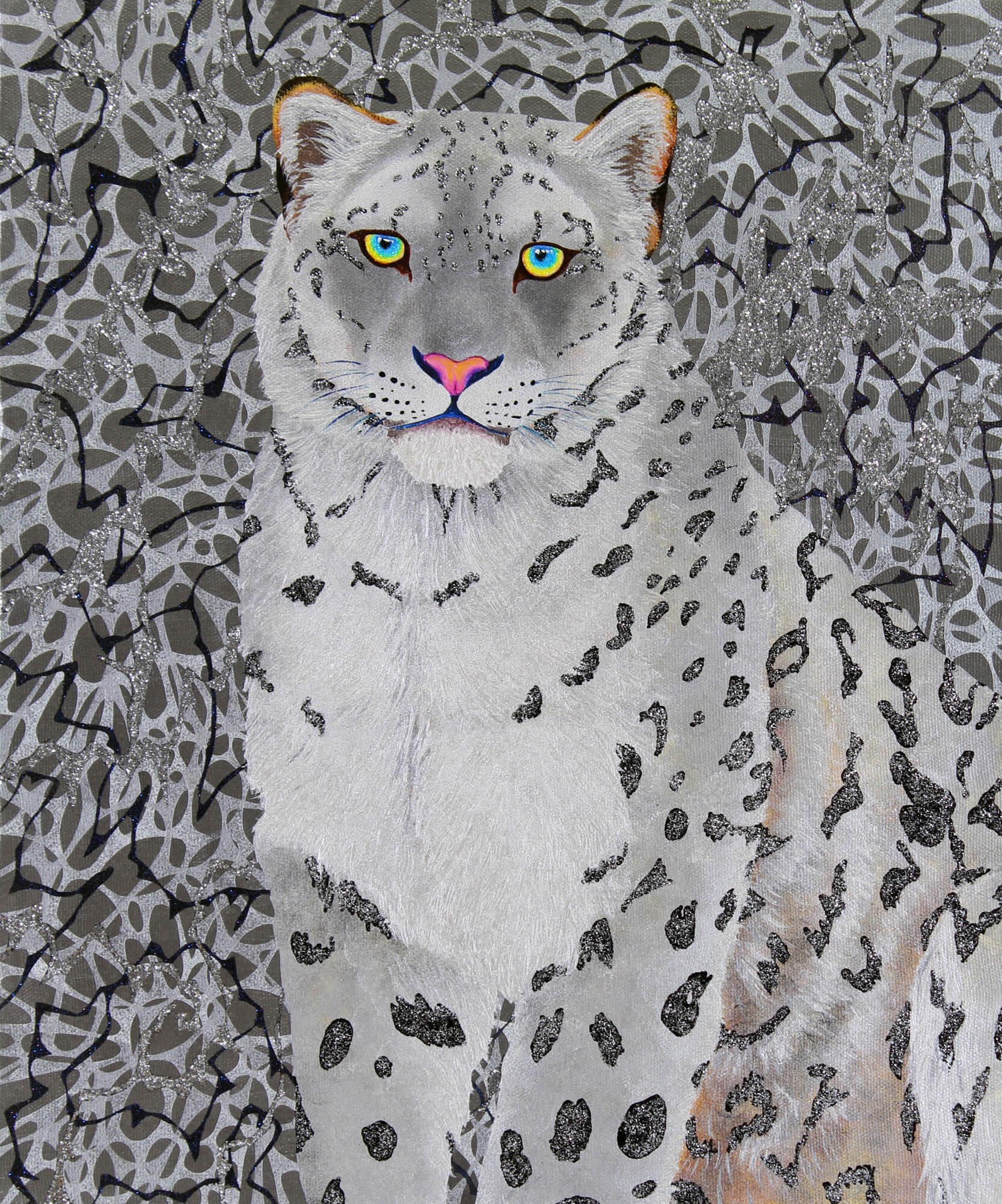 Silver Snowleopard改行
Acrylic and glitter on canvas,455×380mm, 2016