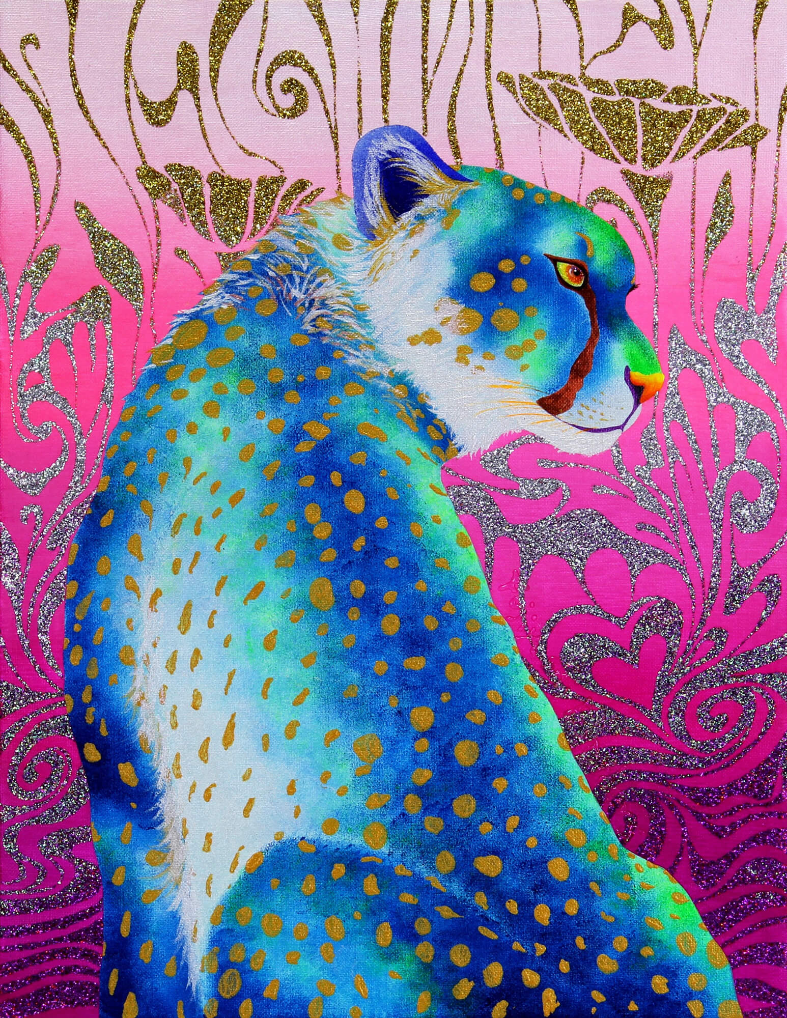Blue Cheetah and illusion改行
Acrylic and glitter on canvas,410×318mm, 2016