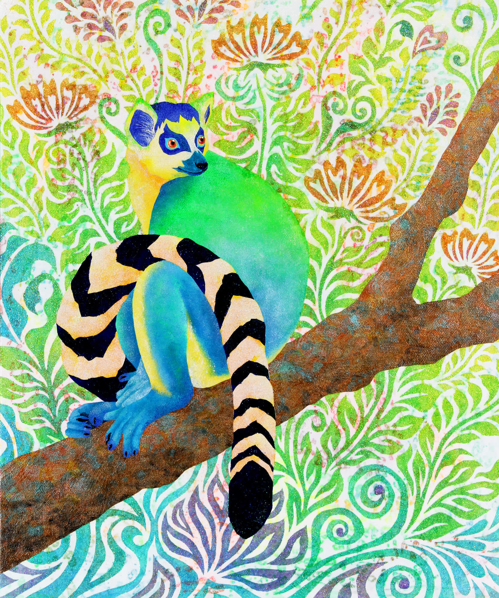 Blue Ring - tailed Lemur改行
Acrylic and glitter on canvas,455×380mm, 2017