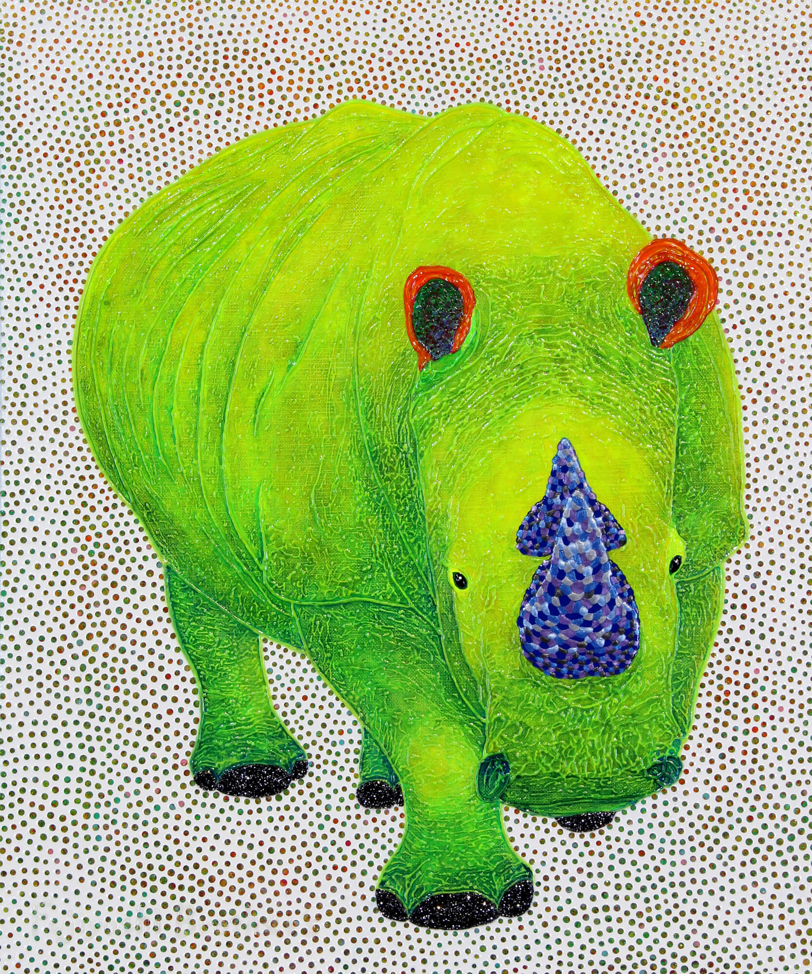 Lucky green Rhinoceros改行
Acrylic and glitter on canvas,455×380mm, 2021