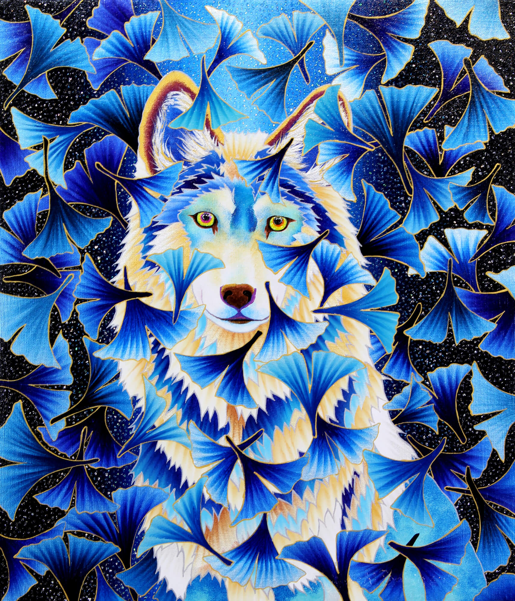 Midnight Blue Wolf改行
Acrylic and glitter on canvas,530×455mm, 2021